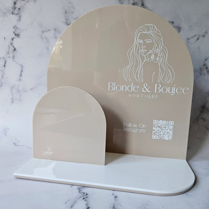 Arch Brochure Holder in Dark Beige Acrylic with White Logo and QR Code