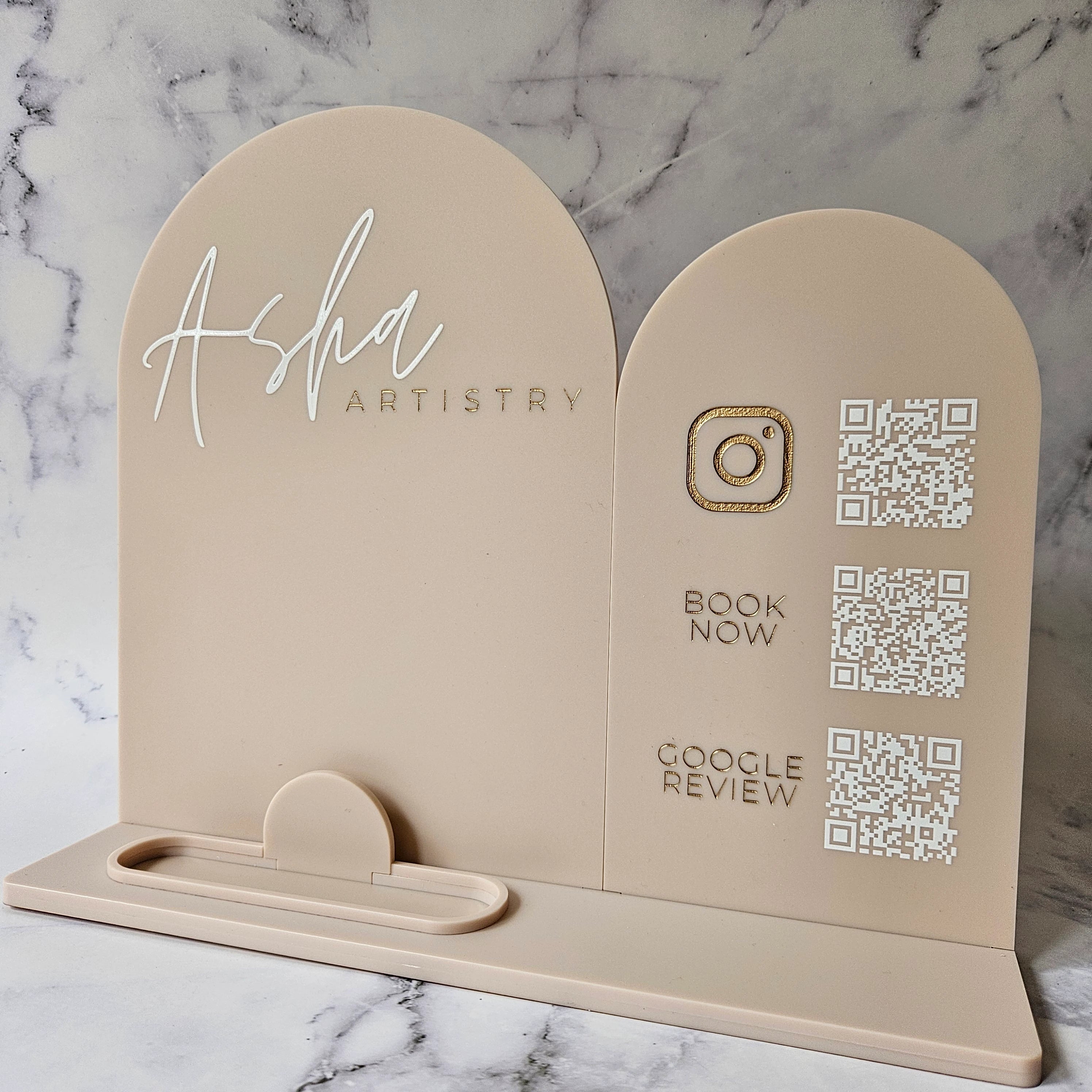 Double Arch Multi QR Code Sign with Logo and Business Card Holder, Latte Acrylic with White &amp; Gold Text