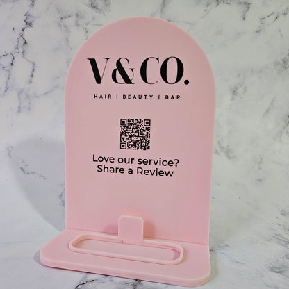 Arch QR Code Sign for Service Review in Baby Pink Acrylic and Black Writing, featuring Business Logo &amp; Card Holder - Side View