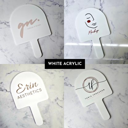 White arch acrylic hand mirrors with logo