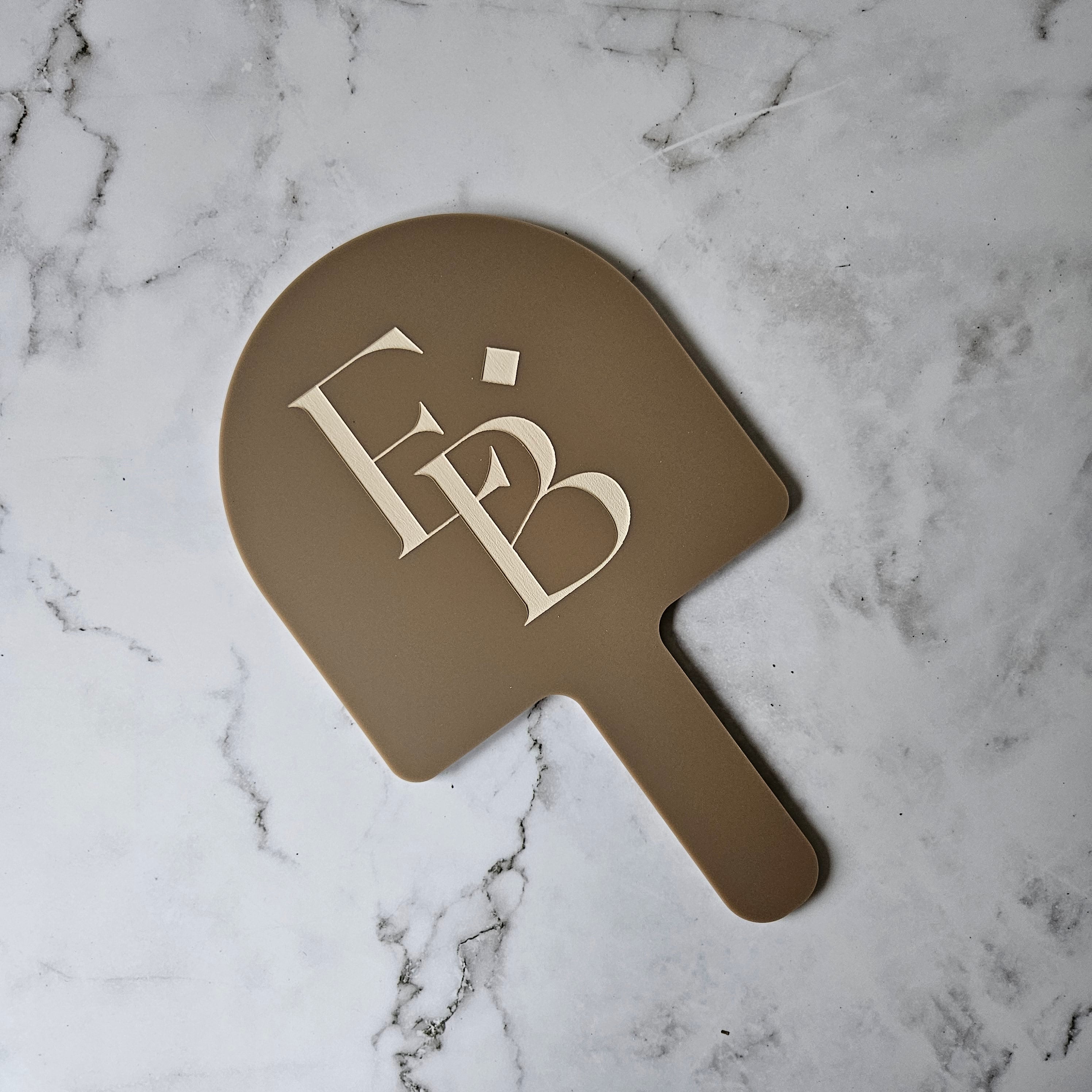 Custom Handheld Mirror with Logo for Beauty Salon - Arch handheld mirror in Mocha acrylic with Cream logo