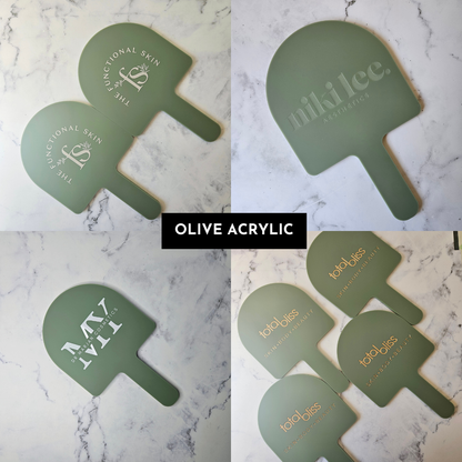 Arch Handheld Mirrors with Logo in Olive Acrylic