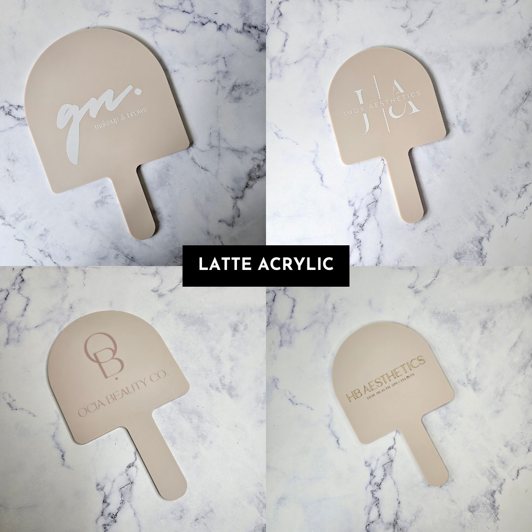 Arch handheld mirror in Latte Acrylic with logo