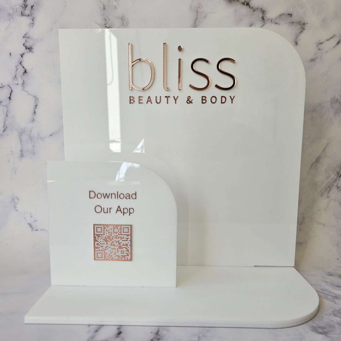 Arch Brochure Holder with Rose Gold Logo and QR Code