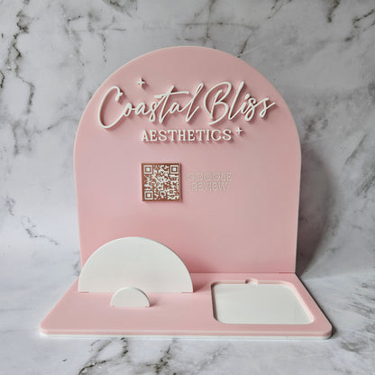 Square Dock Reader with 3D Acrylic Logo, Business Card Holder &amp; Custom QR Code for Google Reviews, Pastel Pink Acrylic with White &amp; Rose Gold Accents