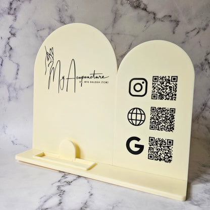 Cream Acrylic Double Arch Multi QR Code Sign with Logo and Black Writing with Business Card Holder - Side View