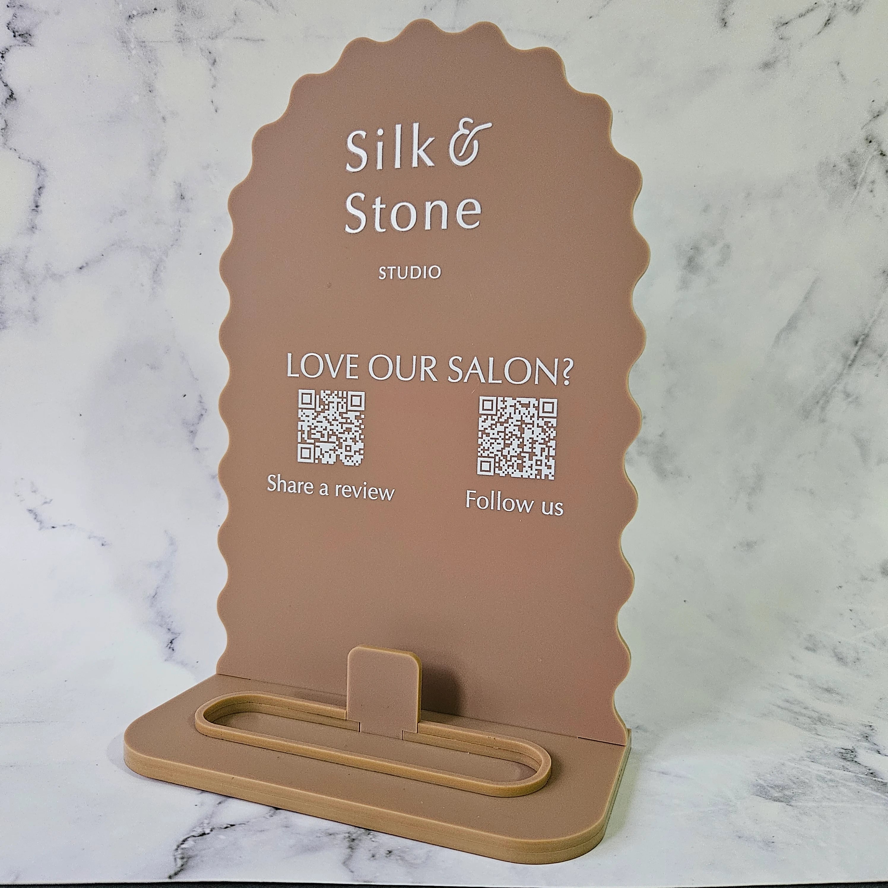 Arch QR Code Sign with Wavy Edges with Clay Acrylic and White Writing for Logo and Business Card Holder