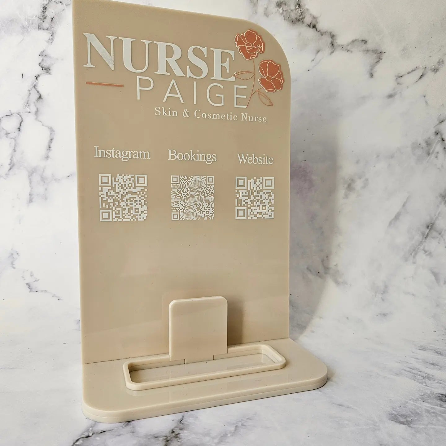 Rectangle QR Code Sign with Rounded Edge in Beige Acrylic with White Writing, Business Logo, Multi QR Codes and Business Card Holder - Side View