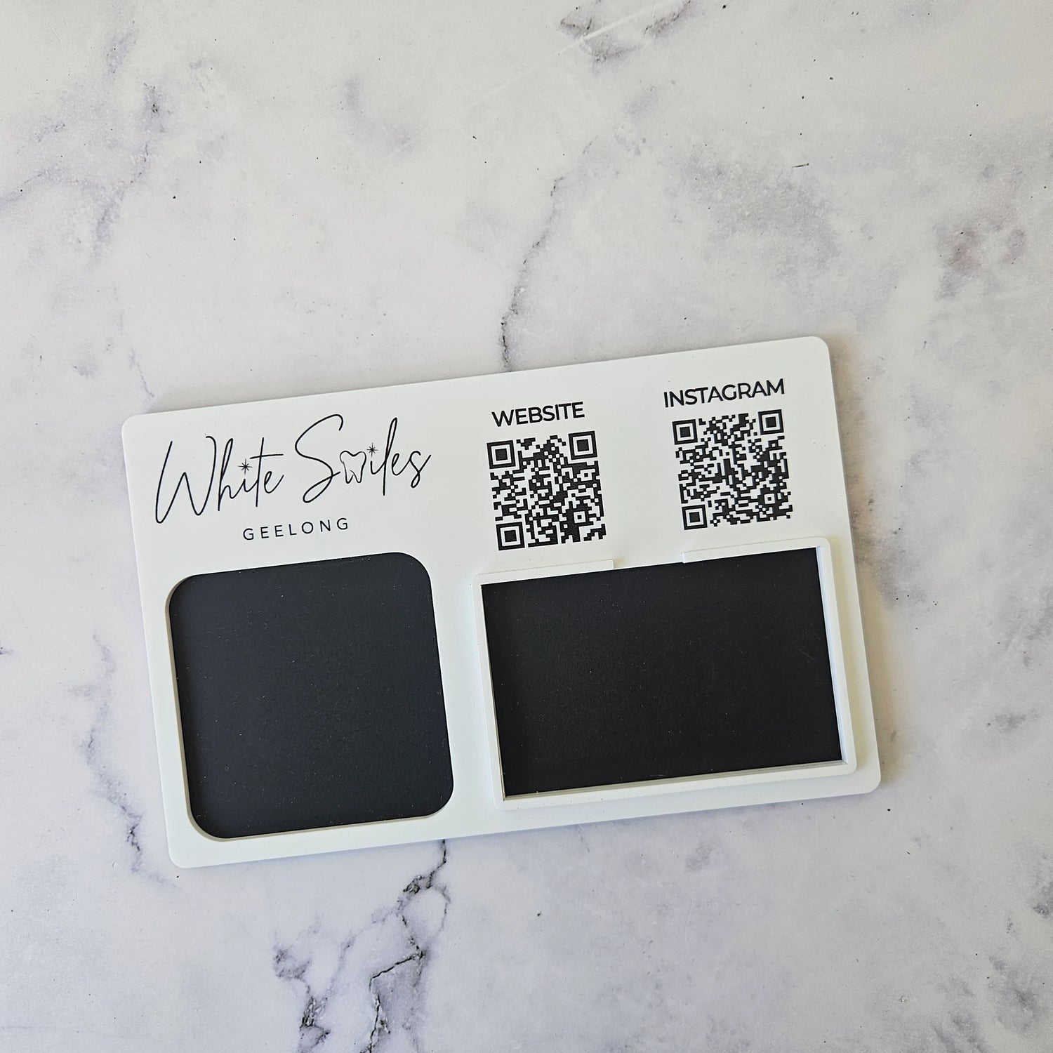 Flat Square Reader Dock with Business Card Holder and QR Codes, White Acrylic with Black Logo